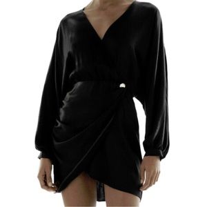 Zara Black Satin Mini Dress with Gold Button Closure